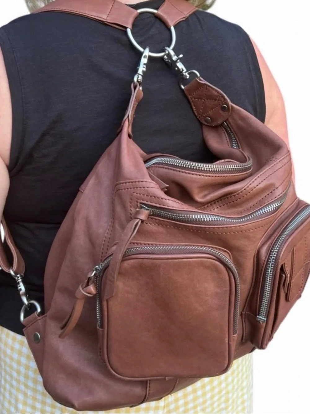 Casual Brown Leather Backpack Sling with Multifunction Pockets